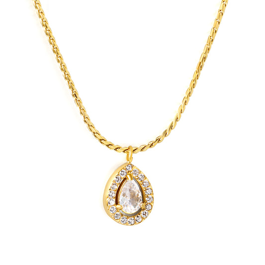 Gold necklace with a teardrop-shaped pendant on a white background